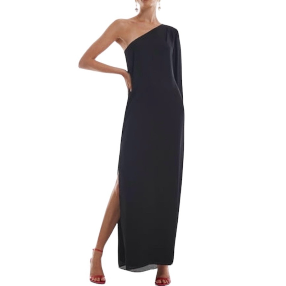 New Krisa One Shoulder Long Sleeve Side Slit Maxi Dress Black Size XS